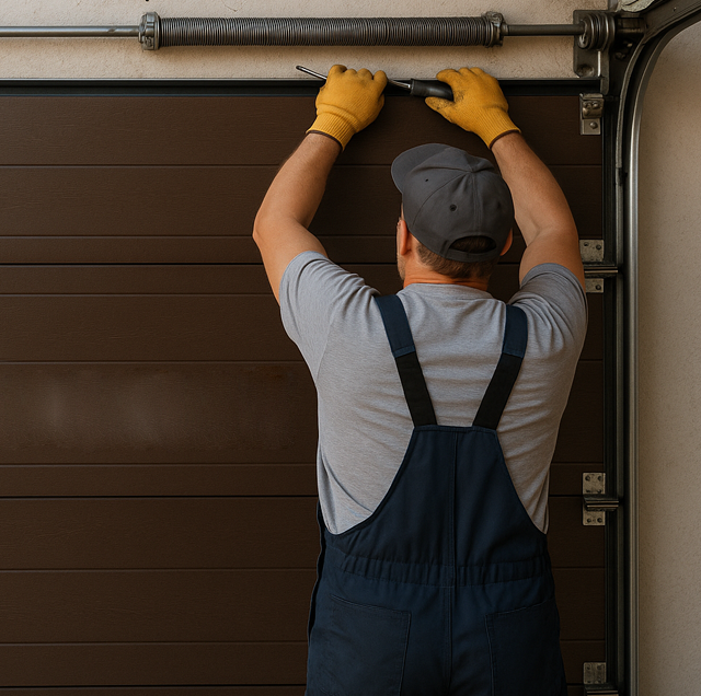 Damaged garage door being fixed by local expert in Pearland Texas Pearland TX garage door repair service van parked at residential home